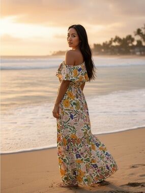 Flying Tomato Off-Shoulder Floral Maxi Dress Yellow and Green Women’s L